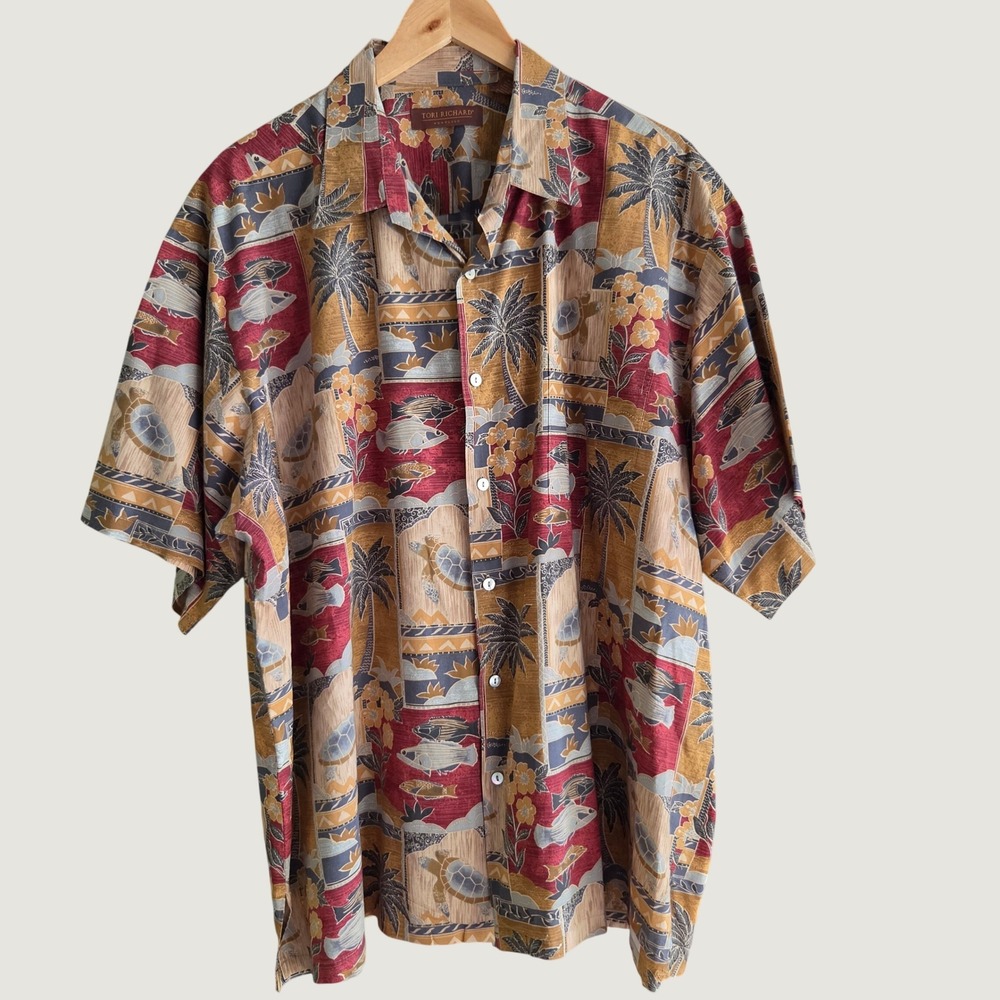 Tori Richard Honolulu Mens Hawaiian Shirt Sea Turtle Fish Palm Print XL Burgundy